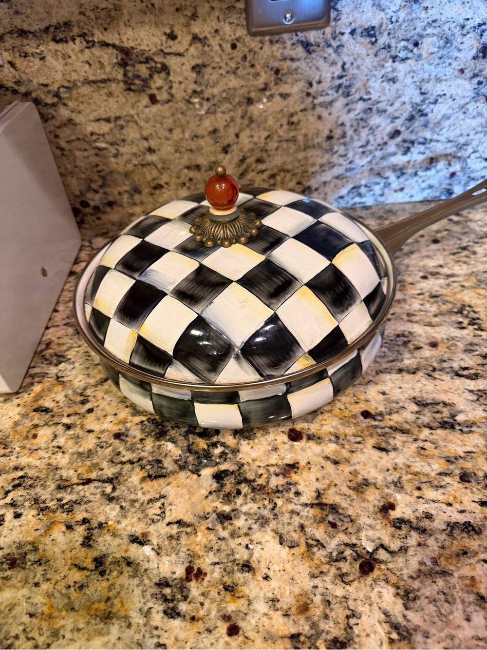 MacKenzie-Childs Black and White Checkered Skillet with Orange Knob